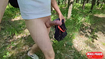 Walking naked in the woods. Soft foreskin to hard big cock