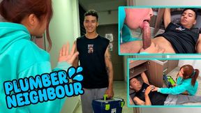 Tattooed plumber snatches his big dick plowing in the housewife neighbor