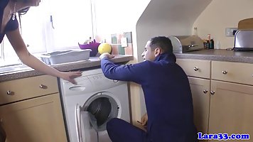 Happy lady customer is having wild sex with her repairman, who fixed her washing machine