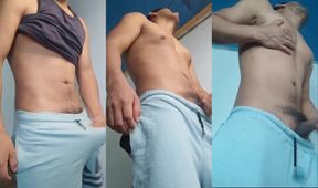 Latino jock moans thick cumshot into stretched underwear
