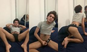 Latino twink strips to crop top and destroys his tight hole with dirty fingers while teasing his own feet