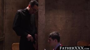 Forbidden desires: Daddy priest seduces twink into a hard, bareback church romp