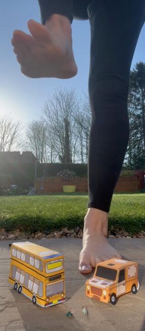 Giantess plays with tiny vehicles with her feet!