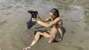 estuary mud girl playing in the nude (wam, wet and messy)