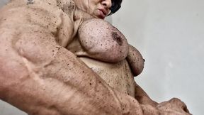 Fbb full of land grunting like a dirty boss Massive muscles pecs chest biceps wide muscular back traps gruntimg moving intimidating dirty look double biceps in the sun red lips sun glasses roided summer starts