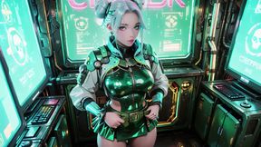 The Green Armored Girl! Silver-haired Valkyrie kneeling and glancing back, fingertips tracing her cold metallic suit.