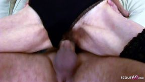 Blonde skinny gilf with hairy pussy lets younger neighbors fuck her