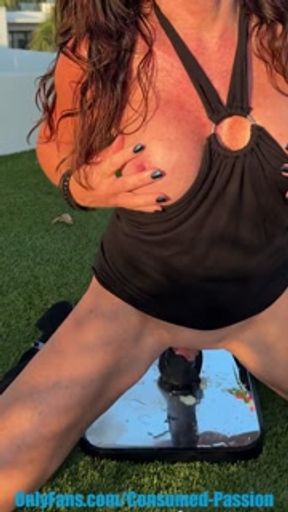 Juicy hard core dildo riding on my terrace with multiple squirting orgasms