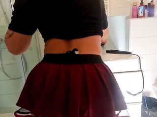 Hottest redhead ever in the bath touches herself in a super short college mini petticoat