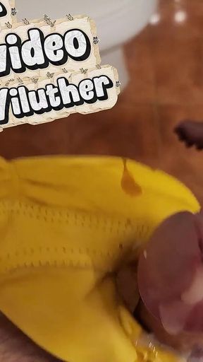 Muscular Slim Body Guy Hard Jerking off Uncut Huge Cock by Yellow Leather Glove