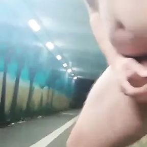 Public strip, jerk and cum in tunnel