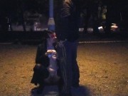 A piss slut wife drinks a piss in a public park