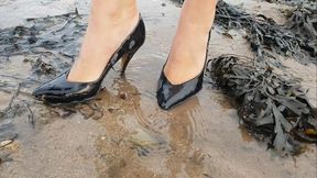 Patent Vintage Heels at the Beach