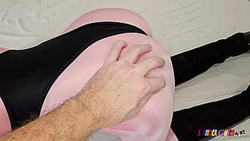 SpandexQueen sucks dick, comes twice in her black   pink spandex suit and swallows a huge load of cum