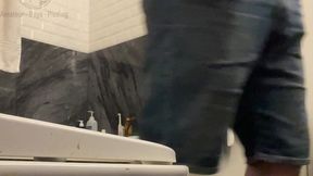 amateur boy in jeans shorts with big hanging balls caught pissing hands free