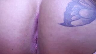 Tattooed big tits shemale hottie wanking her big cock solo