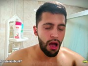 No hands water masturbation. Letting the stream of water fall on my big uncut cock until I cum