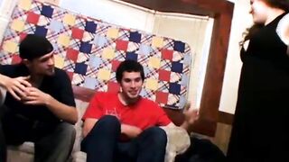 Three straight guys wanking their dicks and getting blowjobs