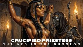 Crucified sexy Ancient Egyptian priestess with hairy armpits struggles to free herself in BDSM bondage dungeon