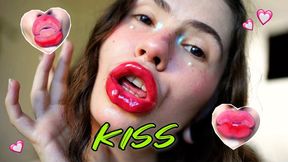 Wet red sticky lipgloss kiss