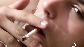 Charming twinks stroking his skinny shaft while smoking