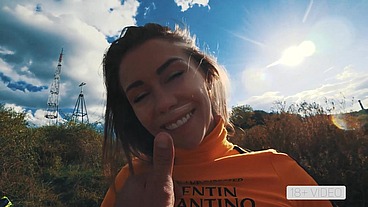 Public blowjob and cumshot on mouth with petite Mia Bandini