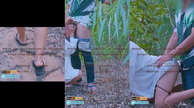 Thai babe grinds his shoes in the forest doggy style