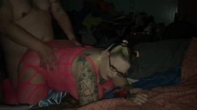Intense doggystyle dildo fucking ends with hard thrusting creampie from stepbro