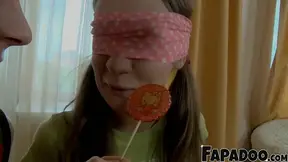 Blindfolded college cutie gets licked and fingers herself