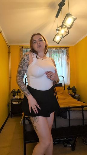 Watch as Busty Stepmommy Does Striptease and Touches Herself