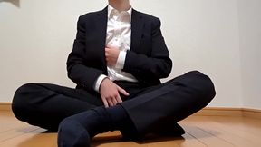 Japanese suit guy jerks off and blows his load in his skivvies