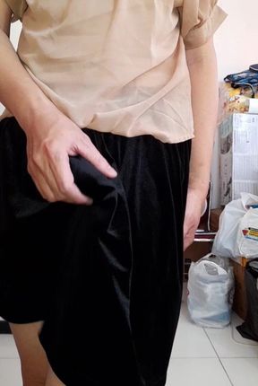 Sweating and Cumming Wearing Woman Blouse and Satin Velvet Skirt