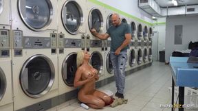 Curvaceous blonde damsel with big tits pleasures JMac in the laundry