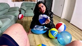 inflatable humiliation in leather. beach ball popping, deepthroat, doggy and cum play
