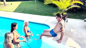 Three hot blondes and a stepdad by the pool engage in a steamy lesbian
