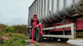 PVC Clad Crossdresser Pissing, Wanking Outdoors
