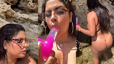 Very horny Latina masturbating on a beach in Ibiza