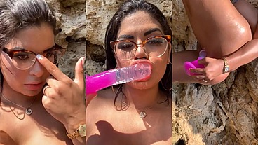 Very horny Latina masturbating on a beach in Ibiza