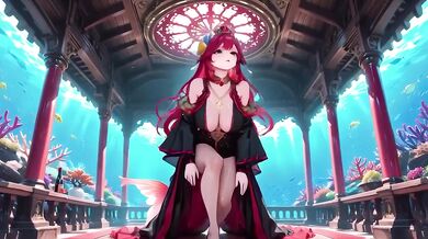 Redhead Mermaid Queen Soaks Her Forbidden Feast In The Underwater Palace While Black Kimono Clings To Wet Skin