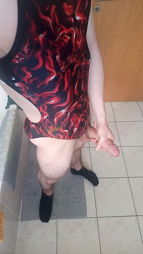 Teen Twink In Fishnet Stockings Changes Into Racing One-Piece Swimsuit And Jerks Off