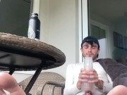 Dirty ripe college boy wanking dick on balcony