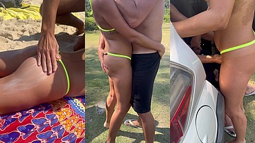 Rodeada de homens em dogging no estacionamento do Russo