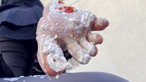 Strawberries with whipped cream on my bare feet (MOV HD)