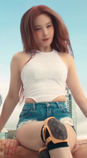 Sexy redhead in white tank top and denim shorts