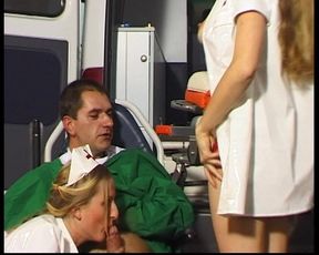 Magnificent blonde German nurses sharing dicks in ambulance van