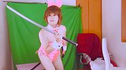 Crossdressed Bunnyboy in Shiny Pink Suit – Swordplay and Nipple Tease