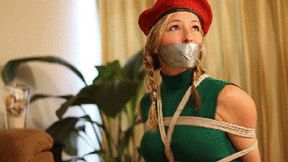 Amanda Kent as Cammy from Street Fighter captured, tied, gagged