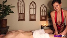Coco Scorpio gives a perky massage to a skinny girl with perky tits