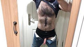 Very hairy guy cock coming out of jeans