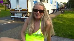 Truckers' public humiliation: 25 guys' tails get ruined by massive public squirts and piss.